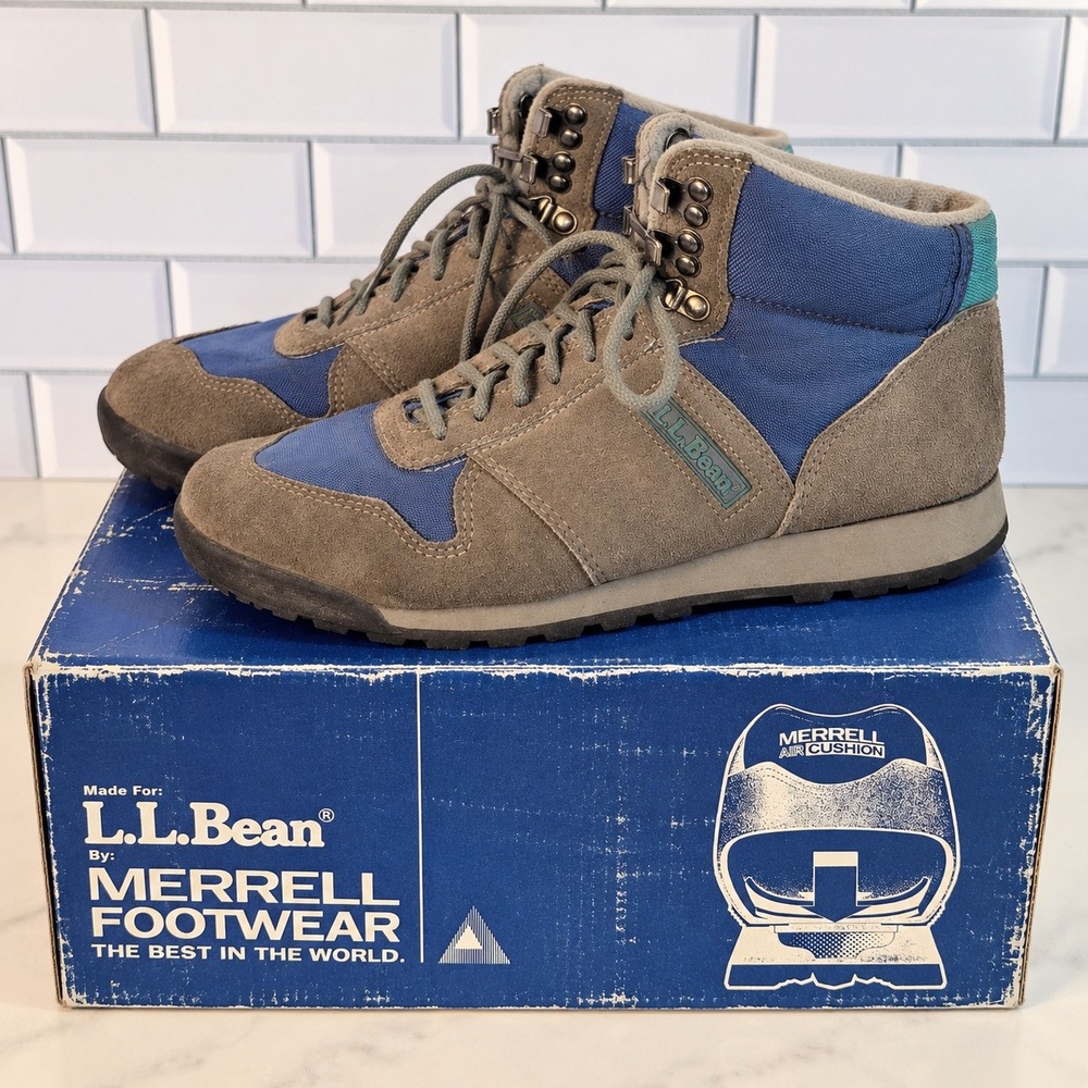 VTG LL Bean Merrell Mens Hiking Boots Sz 10 Brown Blue Suede Canvas Trail Shoes